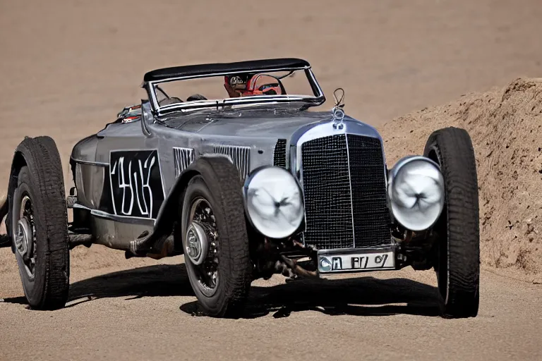 Image similar to mercedes benz 7 1 0 ssk trossi roadster 1 9 3 2, dakar rally footage, speed, bladerunner