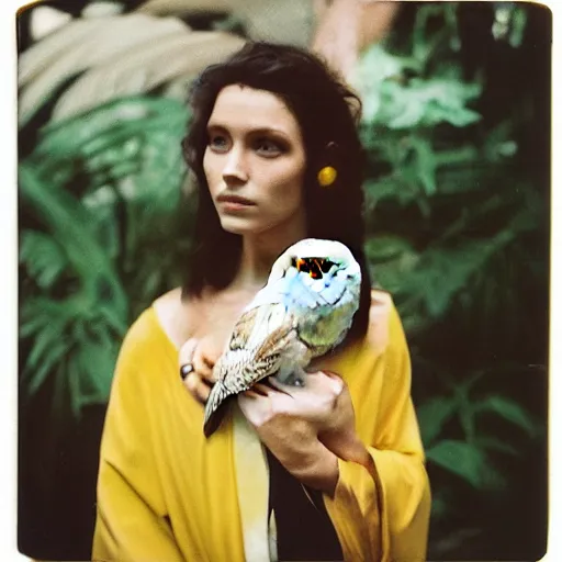 Image similar to head to shoulder portrait Polaroid film photograph of an elegant top model wearing a yellow kimono with a very detailed barn owl on her shoulder!!! in a tropical greenhouse. looking at the camera!!. super resolution. Polaroid 600 film. art by Alessio albi and john william waterhouse and Annie Leibovitz.