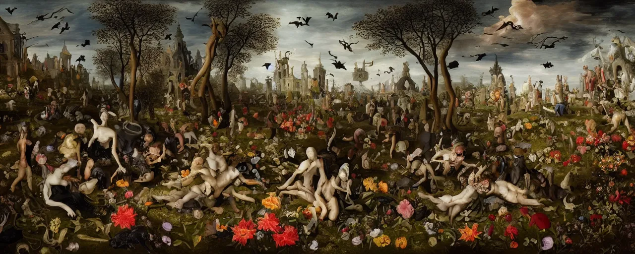 Prompt: 'Life from death' An aesthetic horror baroque painting depicting 'A graveyard with plants and flowers growing, ghosts + bats and crows flying around' by Jan Brueghel the Elder, Trending on cgsociety artstation, 8k, masterpiece, cinematic lighting, vibrant colors.