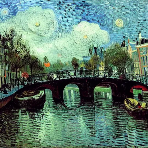 Prompt: amsterdam canals with boats and a bicycle on a bridge, oil on canvas by vincent van gogh