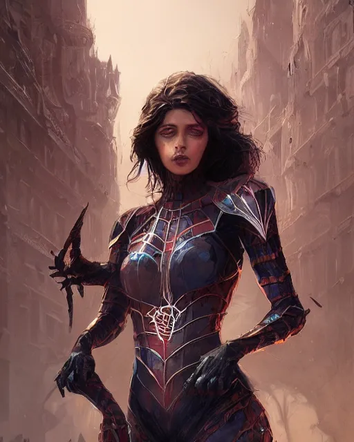 Image similar to a beautiful spiderwoman wearing a magical armor posing in a magical road town, hyper realistic face, fantasy art, in the style of greg rutkowski, illustration, epic, fantasy, intricate, hyper detailed, artstation, concept art, smooth, sharp focus