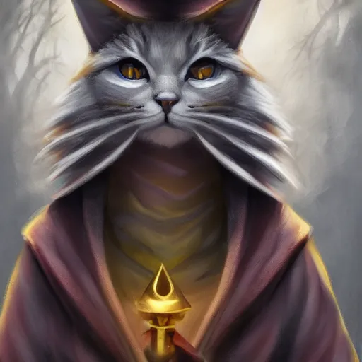 Prompt: matte oil painting of a bipdel cat wearing long wizard robes, anthropomorphic cat wearing a wizard hat, digital art, dnd, character reveal, magic, posing, full body portrait, high resolution, detailed, inspiring, award - winning