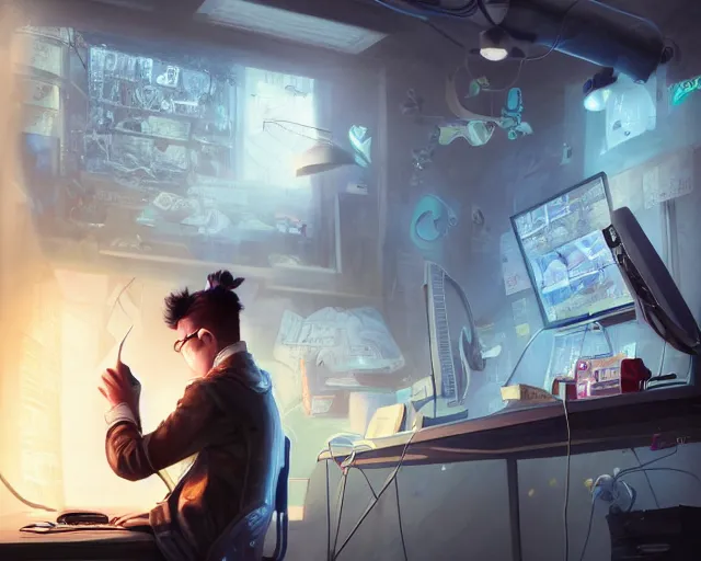 Image similar to an insanely detailed painting of a nerdy asian man wearing a superhero costume, sitting at a desk, staring at the nervously at the computer and typing, in the style of peter mohrbacher, dramatic lighting and composition, surreal background, octane render, pixar, trending on artstation, concept art, comic book, view from behind