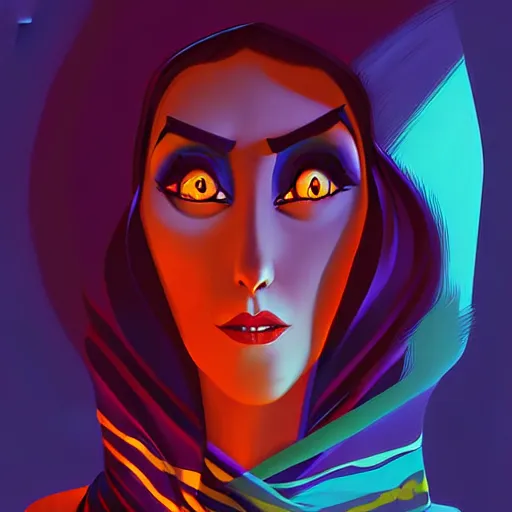 Image similar to curled perspective digital art of a dark hair woman with face covered by arafat arab scarf by anton fadeev from nightmare before christmas