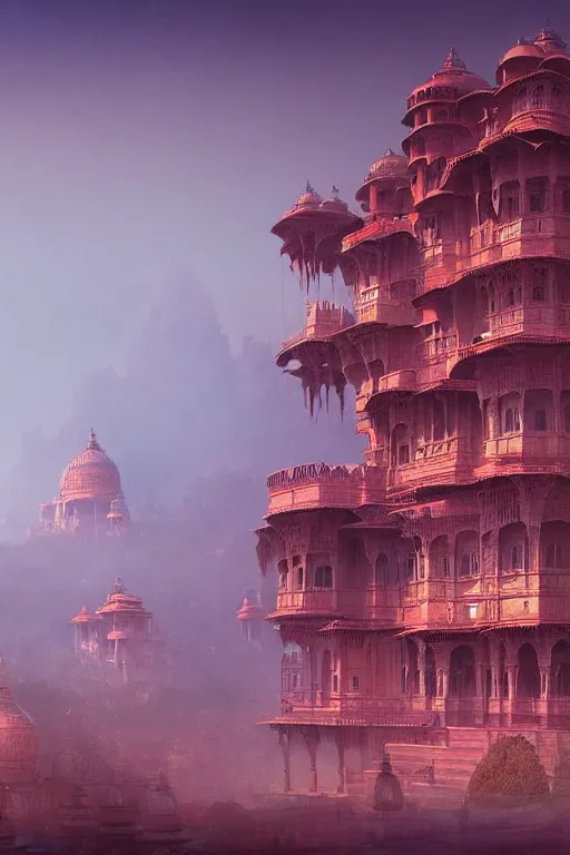 Prompt: old indian city with a breathtaking view of a magnificent maharajah palace at pink dawn, intricate, elegant, volumetric lighting, digital painting, highly detailed, artstation, sharp focus, illustration, concept art, ruan jia, steve mccurry