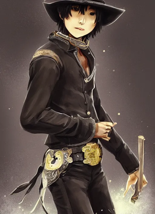 Image similar to a highly detailed illustration of kento yamazaki as a cheeky cowboy wearing cowboy hat and black tracksuit, heroic mid air wielding revolvers pose, intricate, elegant, highly detailed, centered, digital painting, artstation, concept art, smooth, sharp focus, league of legends concept art, wlop