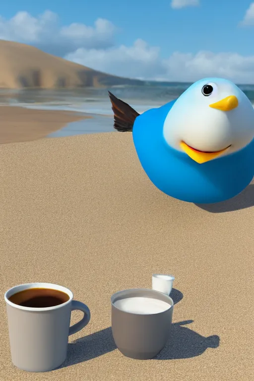 Image similar to Seagull Pixar character and a cup of coffee in the beach, Up movie style, 3d render