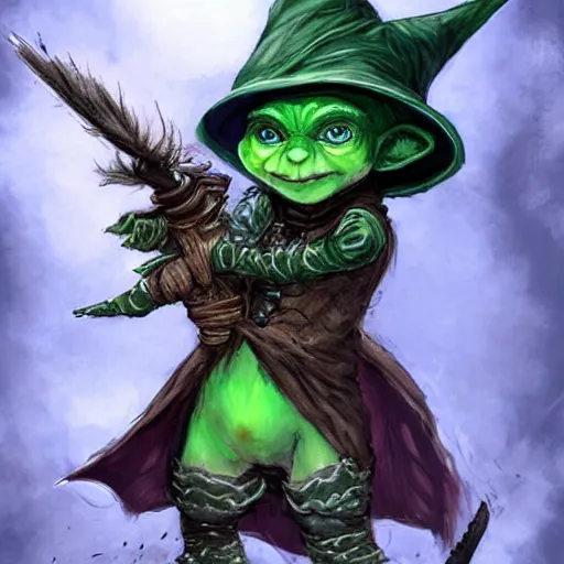 Image similar to cute tiny goblin girl with green skin wearing hunter armor from Bloodborne and a wizard hat, d&d, art by Zone