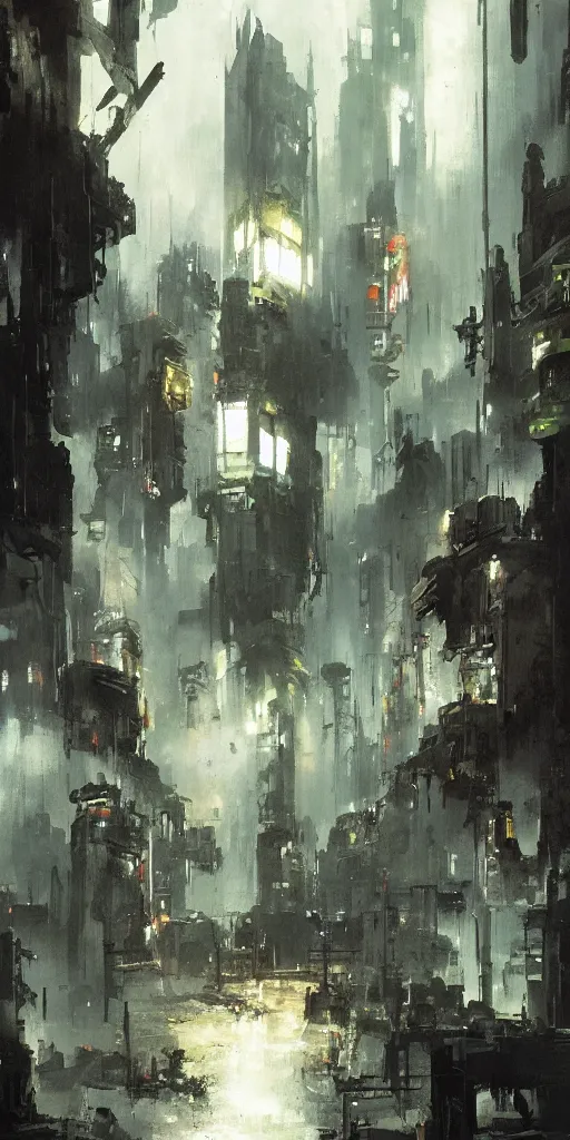 Prompt: the entrance of a stronghold located in the middle of a sci - fi city painted by ashley wood and phil hale, blade runner, masterpiece, award - winning, sharp focus, intricate concept art, ambient lighting, 8 k, artstation, pixiv