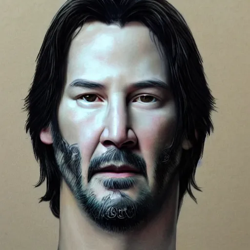 Image similar to intricately detailed semirealistic portrait of johnny silverhand (keanu reeves)