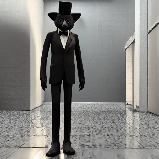 Image similar to 3 d render of a wolf as a gentleman wearing tuxedo in the pixar style, smooth render, unreal engine 5, wet reflections