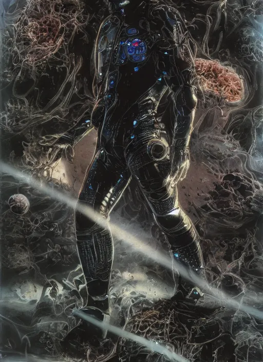 Image similar to astronauts in dark and empty void underwater - complex and hyperdetailed suit. reflection and dispersion materials. rays and dispersion of light. volumetric light. 5 0 mm, f / 3 2. noise film photo. flash photography. ultra realistic, wide angle. poster by wayne barlowe, hajime sorayama aaron horkey, craig mullins. dark key.