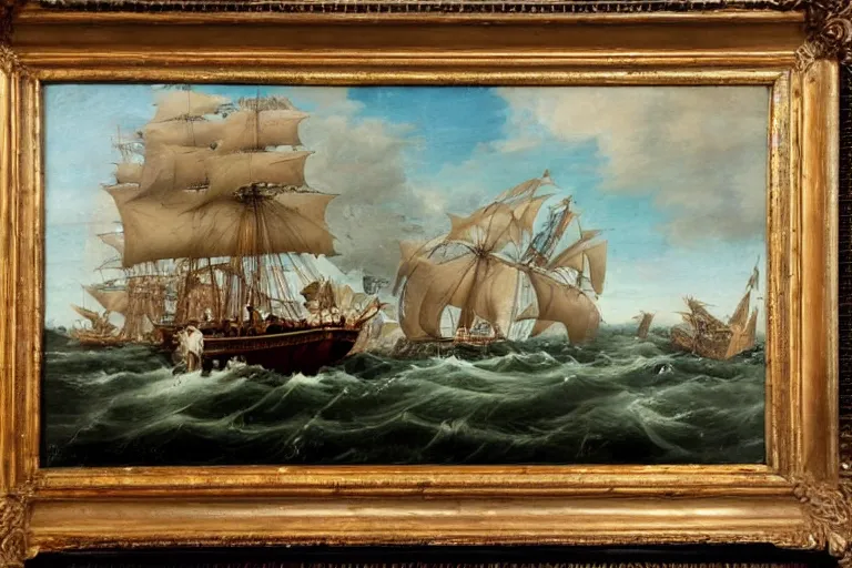 Image similar to an old 1 8 th century boat chasing a whale, the boat is filled with football players, the whale tail breaks the surface american oil painting in a frame