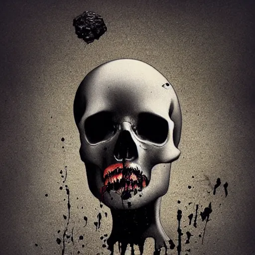 Prompt: vertical pile of melting skull vomiting black tar, anja millen