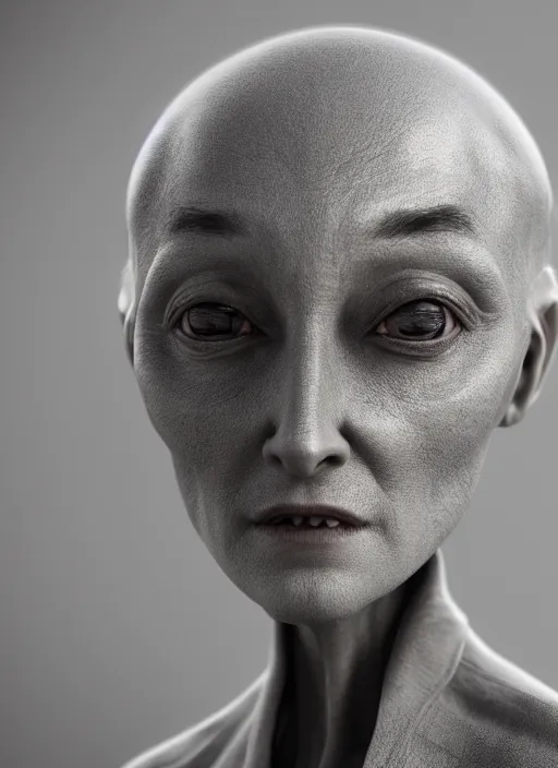 Image similar to closeup portrait of a gray alien, depth of field, zeiss lens, detailed, symmetrical, centered, fashion photoshoot, by Annie Leibovitz and Steve McCurry, David Lazar, Jimmy Nelsson, Breathtaking, 8k resolution, extremely detailed, beautiful, establishing shot, artistic, hyperrealistic, beautiful face, octane render