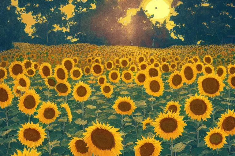 Image similar to lots of sunflowers in a garden, golden hour, artstation, by victo ngai