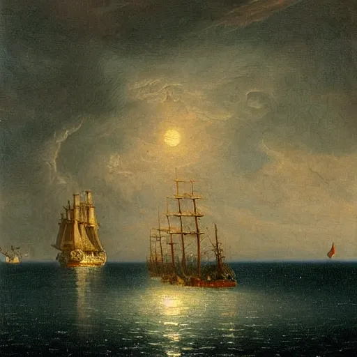 Image similar to clouds made out of the universe with luminous skies and a ship sailing in the distance, fitz henry lane, painting, detailed