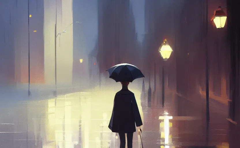 Prompt: a character holding an umbrella on rainy night on a lonely street by atey ghailan, trending on artstation