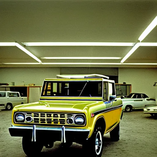 Prompt: 1979 Bronco Mercury Colony Park, inside of an auto dealership, ektachrome photograph, volumetric lighting, f8 aperture, cinematic Eastman 5384 film