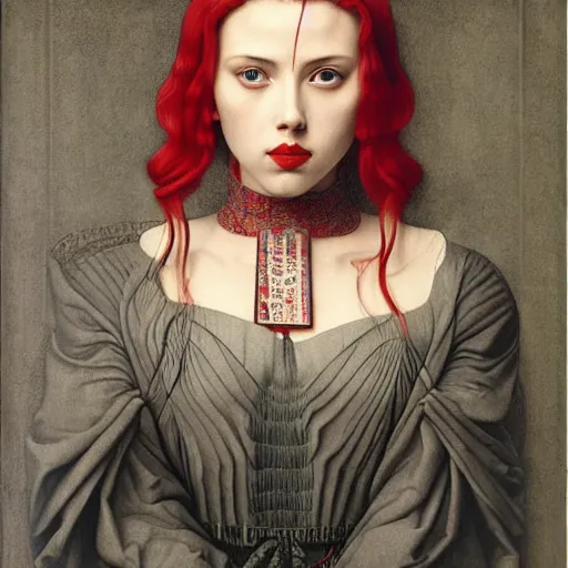 Prompt: front symmetric portrait of very young scarlet johansson in japanese tattoo pattern costume by jan van eyck, tom bagshaw, jean delville, william bouguereau, albrecht durer, symbolist painting, mysterious mood