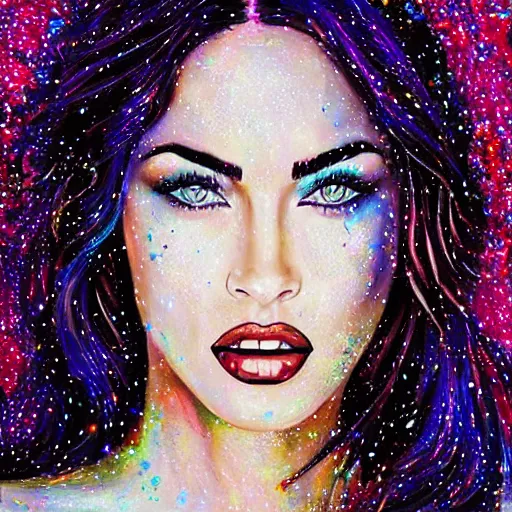 Image similar to “Megan Fox glitter paints paintings, glitter face and body, glitter background, ultra detailed portrait, 4k resolution”