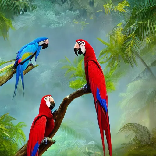 Image similar to gorgeous macaws flying at dawn through the forest get hit by beautiful light, amazon in the background, sentient bird, highly detailed, ethereal macaw, heavenly lighting, digital art, trending on art station