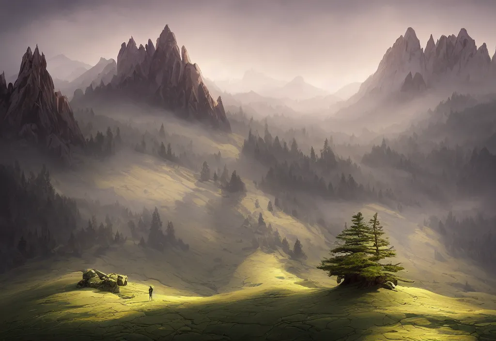 Image similar to mountain landscape without people, high trees, top of the hill, above low layered clouds, deep focus, fantasy, intricate, elegant, highly detailed, digital painting, artstation, concept art, matte, sharp focus, illustration, hearthstone, art by rhads and artgerm and greg rutkowski and alphonse mucha. gediminas pranckevicius