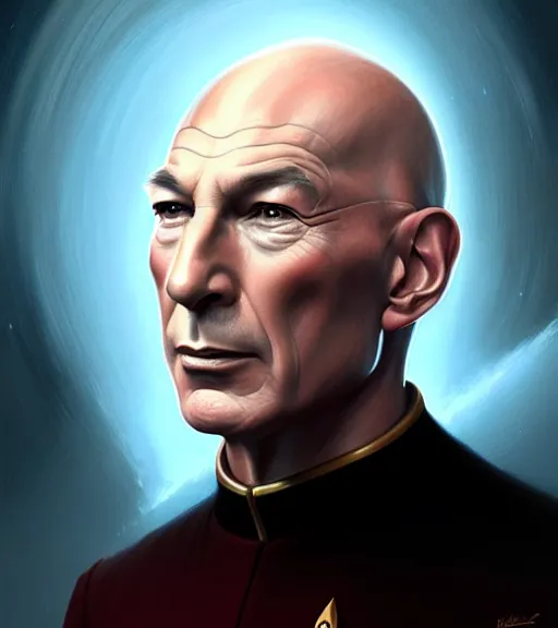 Image similar to portrait of Jean Luc Picard, 4K, UHD intricate, elegant, highly detailed, centered, digital painting, artstation, concept art, smooth, sharp focus, illustration, by Peter Mohrbacher, WLOP