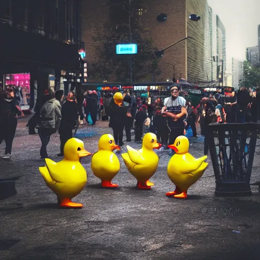 Image similar to angry rubber duck zombies biting terrified people, photography