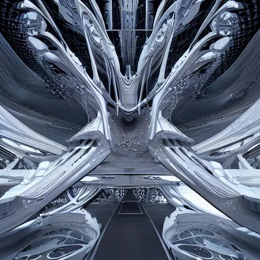 Prompt: epic space station interior by zaha hadid, iris van herpen and rick owens. highly detailed, hyper - real, very beautiful, intricate fractal details, very complex, opulent, epic, mysterious, polished, futuristic design, trending on deviantart and artstation