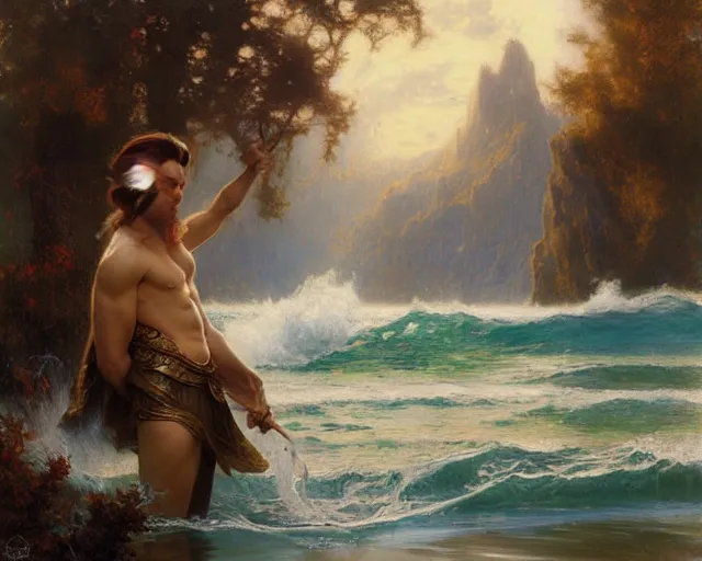 Image similar to attractive male wizard casting powerful wave water spell in a beautiful lake. highly detailed painting by gaston bussiere, craig mullins, j. c. leyendecker 8 k