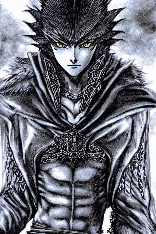 Prompt: young arabian human half wolf. castlevania. art by kentaro miura, kentaro miura artwork, detailed fullbody