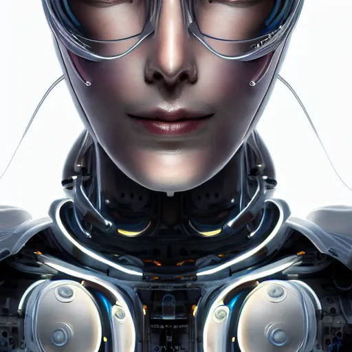 Image similar to centered portrait of an ultra detailed Mechanical Cyberpunk Female Android, looking into the camera!!, intricate, elegant, super highly detailed, professional digital painting, artstation, concept art, smooth, sharp focus, no blur, no dof, extreme illustration, Unreal Engine 5, Photorealism, 8k, cinematic, art by artgerm and greg rutkowski and alphonse mucha and loish and WLOP