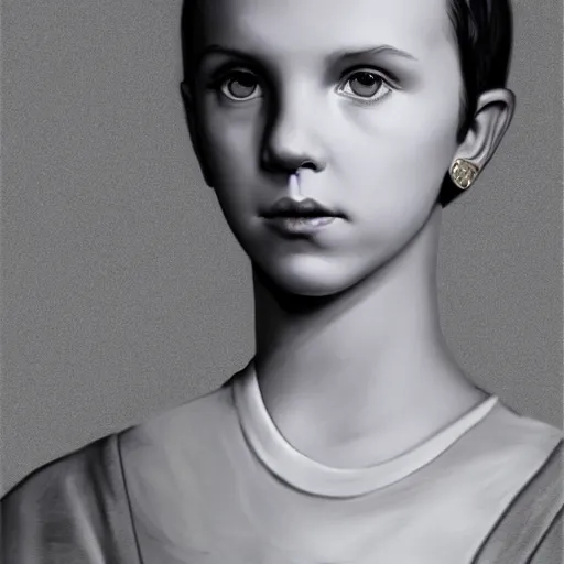 Image similar to millie bobby brown beautiful portrait of bust, medium shot, shallow depth of field, anamorphic lens, professional photography, highly detailed, photorealistic painting