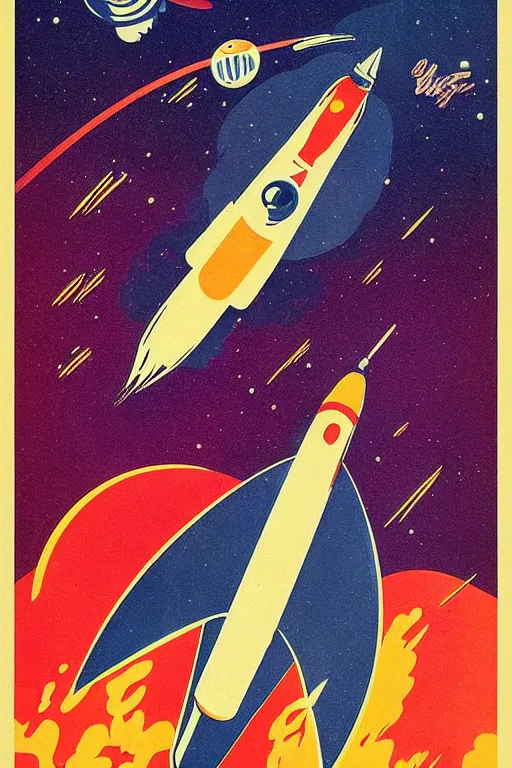 Image similar to poster of rocket flying through space, 1 9 5 0 s style, futuristic design, dark, symmetrical, washed out color, centered, art deco, 1 9 5 0's futuristic, glowing highlights, intense