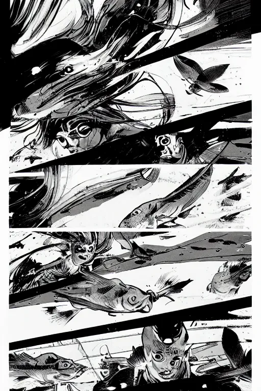 Prompt: fish flying through the sky, graphic novel, high contrast, by bill sienkiewicz