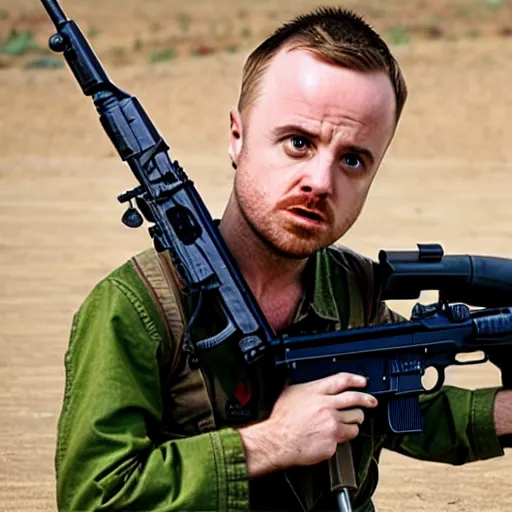 Image similar to jesse pinkman from breaking bad holding an m 1 6 rifle in the vietnam war, 4 k, hyper realistic