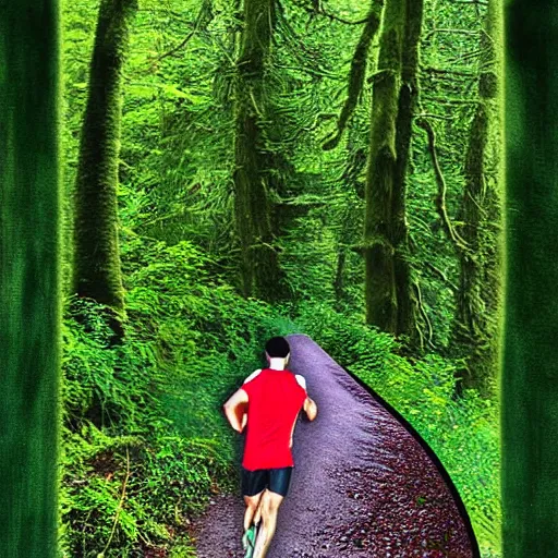 Prompt: a sporty guy runs alone through a forest with tall trees, acid-green sneakers, a photo from the back in perspective, art by Outram Steven,