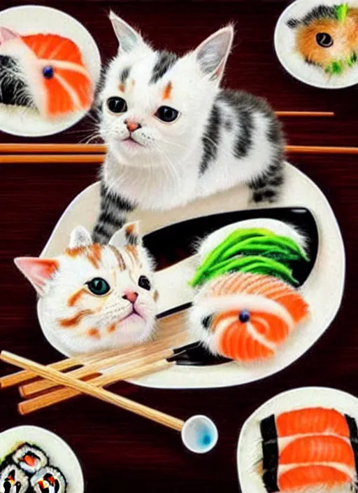 Image similar to clear photorealistic picture of adorable cats made out of sushi