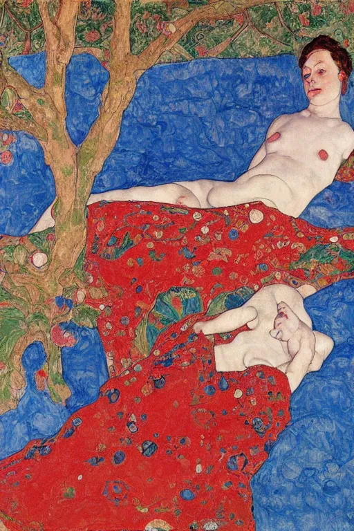 Prompt: girl waer detailed red arabesque blue dress and lay down on a detailed navy persian carpet with a big tree palm persian pot, painting by egon schiele