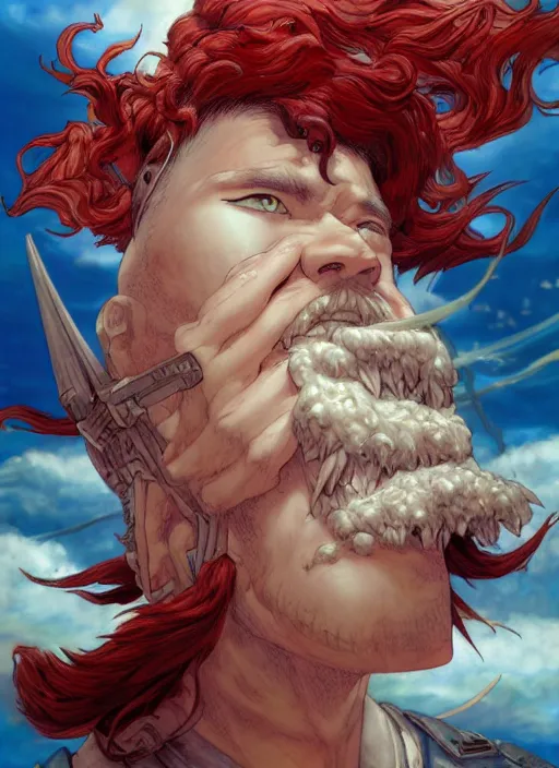 Image similar to prompt : ragnarok online portrait soft light painted by james jean and katsuhiro otomo and erik jones, inspired by akira anime, epic fantasy, a long red haired, red bearded male sky - pirate in front of an airship, intricate oil painting, high detail illustration, sharp high detail, manga and anime 1 9 9 9