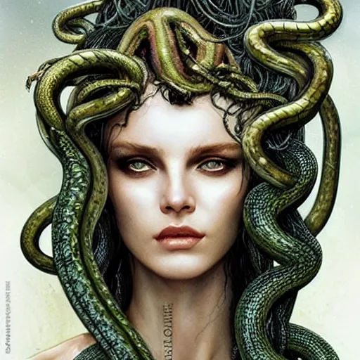 Prompt: head and shoulders ( ( ( vogue 7 0 mm fashion photo ) ) ) of medusa with different species of snakes for her hair, d & d, fantasy, luis royo, magali villeneuve, donato giancola, wlop, krenz cushart