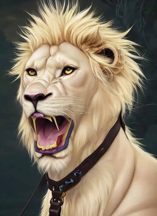 Image similar to aesthetic portrait commission of a of a male fully furry muscular anthro albino lion wearing a summer outfit and leather harness with a tail and a beautiful attractive hyperdetailed face at golden hour, fully clothed . Character design by charlie bowater, ross tran, artgerm, and makoto shinkai, detailed, inked, western comic book art, 2021 award winning film poster painting