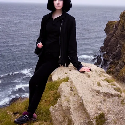 Image similar to 1 7 - year - old pale - skinned persian girl with black long bob cut, long bangs, black gothic jacket, black jeans, psychic girl, psychokinetic girl, standing on cliff along the irish coast, overcast gray skies, ultra - realistic, sharp details, subsurface scattering, intricate details, art by william - adolphe bouguereau