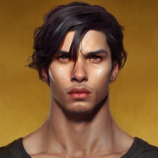 Image similar to beautiful, strong, mixed race, male, face, head shot, fantasy, highly detailed, digital painting, artstation, concept art, smooth, sharp focus, illustration, art by artgerm and greg rutkowski and alphonse mucha