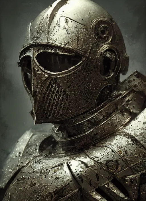 Prompt: portrait of king arthur knight cyborg, geomatric art, modern fine art, fractal, intricate, elegant, highly detailed, digital photography, subsurface scattering, by jheronimus bosch and frank miller and greg rutkowski,