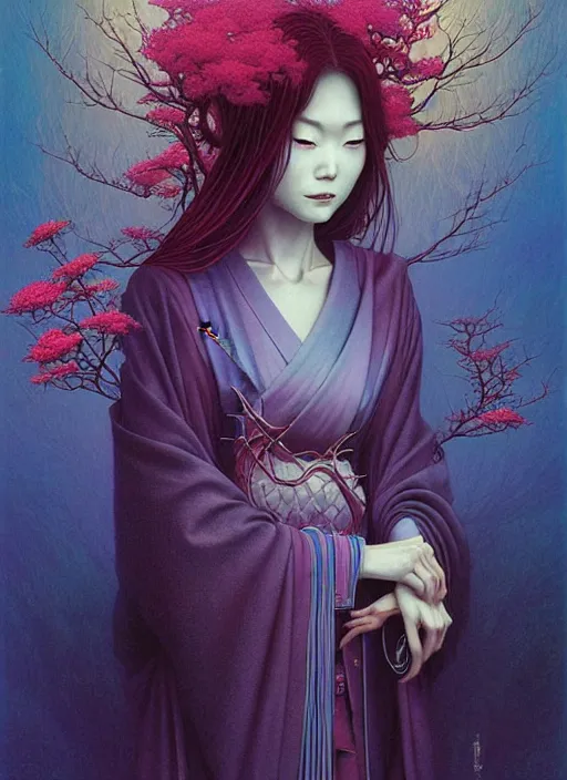 Prompt: fanciful surreal image of a Japanese woman by Anna Dittman, Amano, Okata Kazuto, Greg Hildebrandt, and Mark Brooks, Neo-Gothic, rich deep colors. art by Hamada Yoshikazu . masterpiece. Beksinski painting.