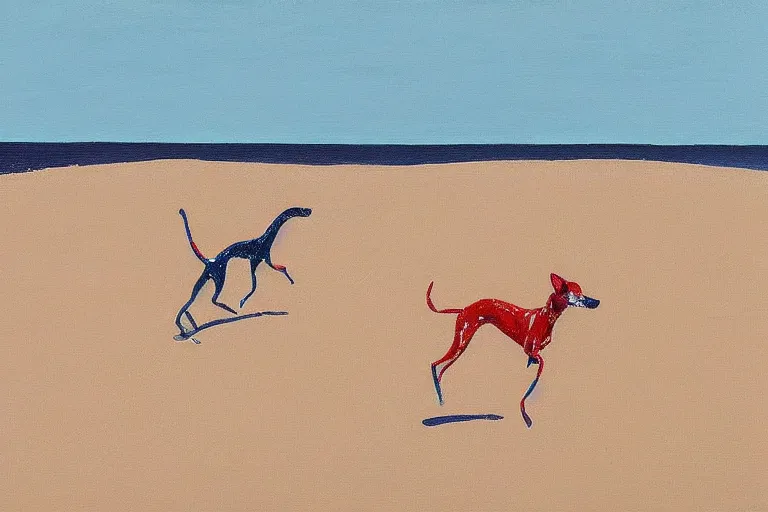 Image similar to whippet running at beach, painting by david hockney, highly detailed