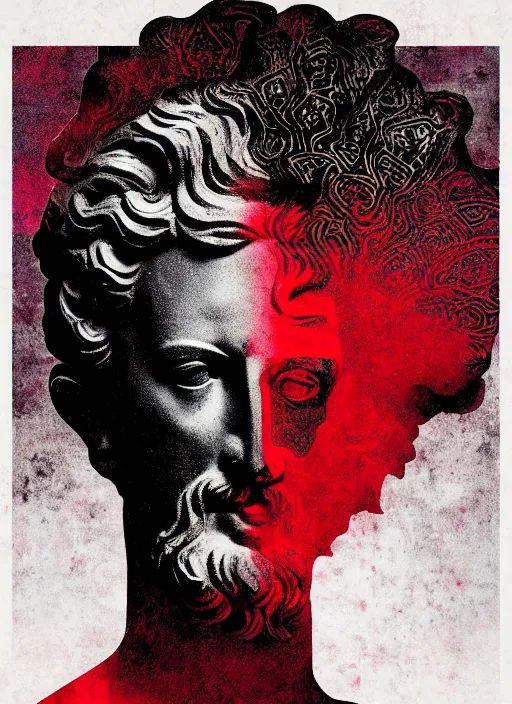 Image similar to design poster showing a statue of marcus aurelius, black background with very subtle red and purple design elements, powerful, nekro, guido crepax, graphic design, collage art, thin lines, dark, glitch art, neo vaporwave, gritty, layout frame, square, trending on artstation