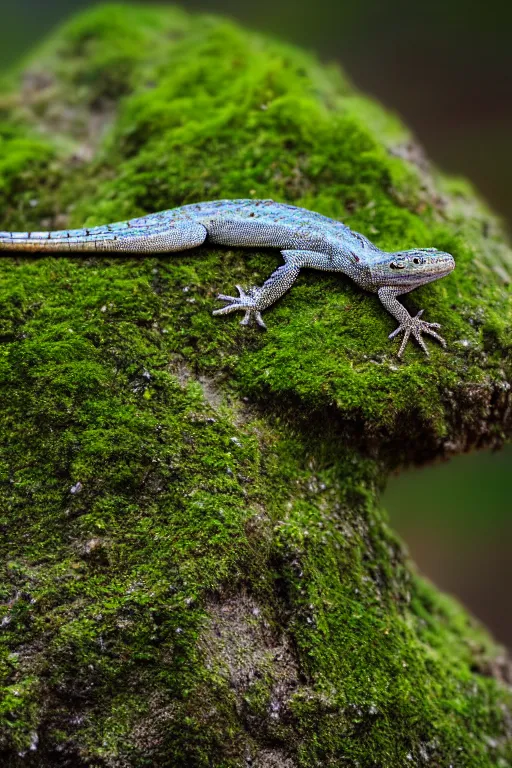 Image similar to a macro photo of a lizard on a moss covered rock, shiny scales, moss and vegetation, ancient forest, close - up, intricate details, intricately detailed textures, warm lighting, vivid colors, smoke and mist, hyper realistic octane render, volumetric shading, depth of field, raytracing, 8 k,